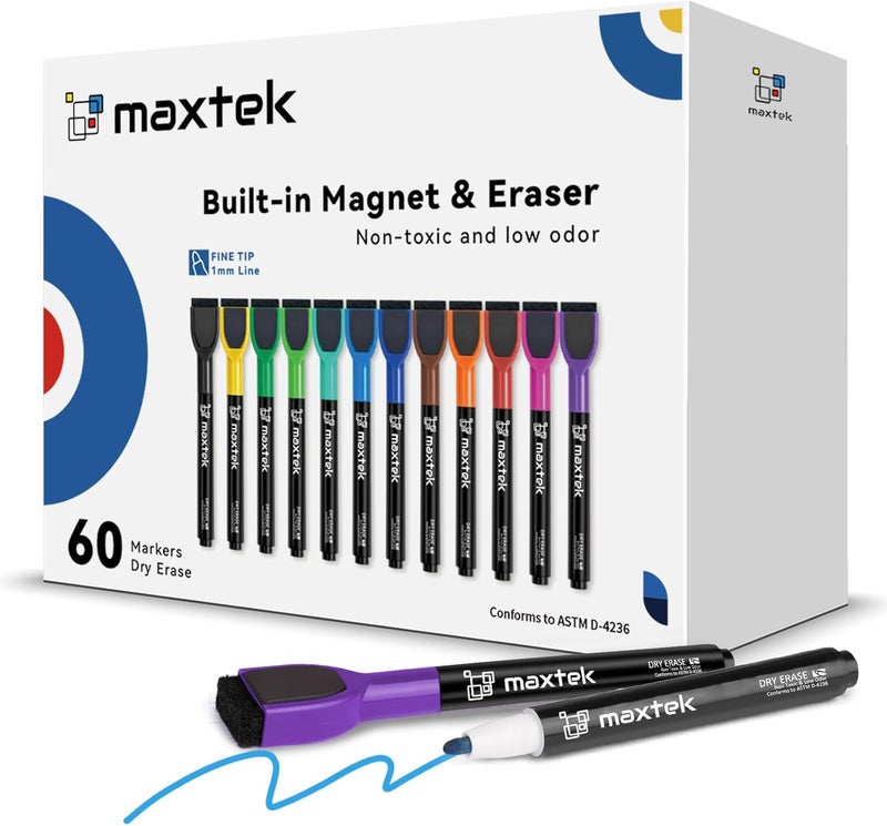 maxtek 60 Count Magnetic Dry Erase Markers, Fine Tip, 12 Colors, Low Odor Whiteboard Markers with Built-in Eraser - Image 1